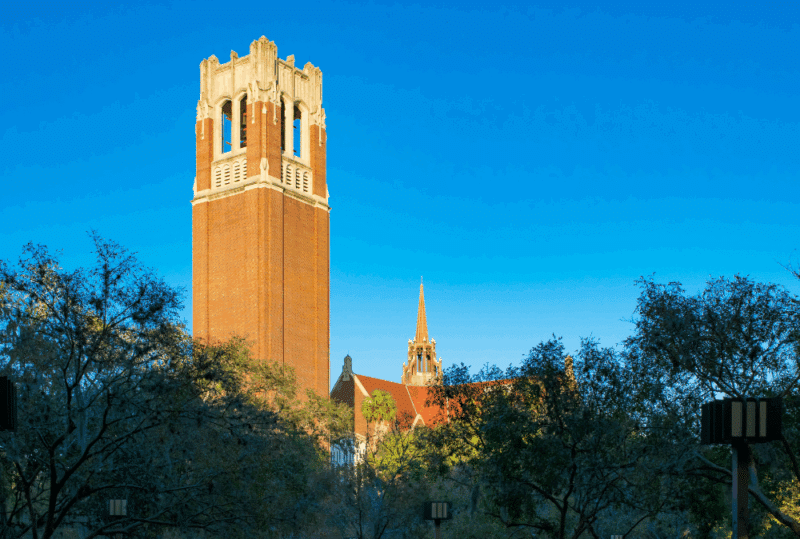 Image is of a tower and historic buildings at the University of Florida, concept of what to expect at a UF student conduct hearing