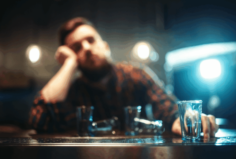 Image is of a young man drunk at a bar with empty glasses of alcohol, concept of the impact of a DUI in Gainesville on UF education and career