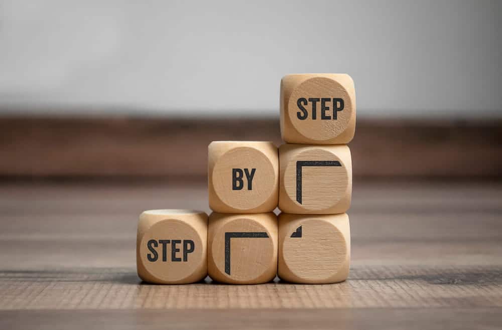 Image is of stacked wooden blocks showing a step by step process, illustrating how self-defense expungements follow a structured legal pathway