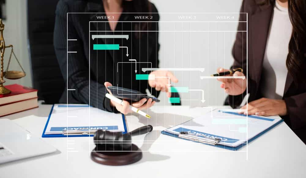 Image is of legal professionals reviewing documents with a timeline overlay, concept of court-ordered expungement process duration